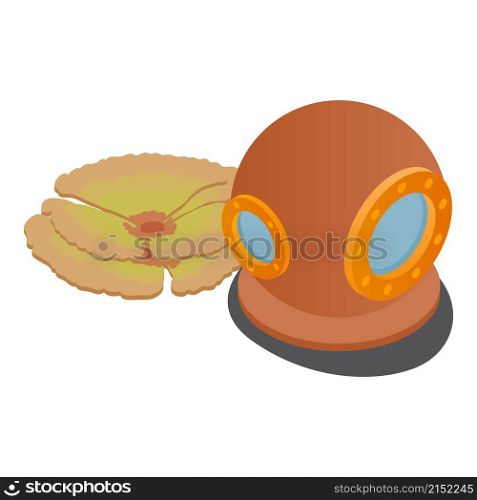 Diving gear icon isometric vector. Old vintage diving helmet and soft coral icon. Equipment for retro dive, concept sport and recreation. Diving gear icon isometric vector. Old vintage diving helmet and soft coral icon