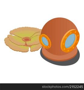 Diving gear icon isometric vector. Old vintage diving helmet and soft coral icon. Equipment for retro dive, concept sport and recreation. Diving gear icon isometric vector. Old vintage diving helmet and soft coral icon