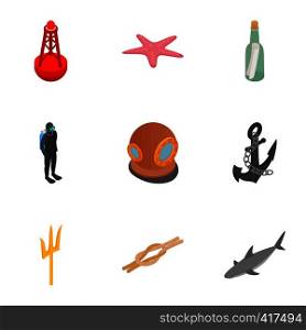 Diving icons set. Isometric 3d illustration of 9 diving equipment vector icons for web. Diving icons set, isometric 3d style