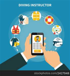 Diving instructor composition with smartphone in male hands, scuba gear and safety equipment, hunting weapon vector illustration . Diving Instructor Composition