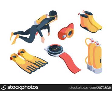 Diving isometric. Aquatic sport symbols scuba flippers underwater diving cylinders and professional costumes garish vector divers. Illustration isometric scuba equipment, oxygen to swimming underwater. Diving isometric. Aquatic sport symbols scuba flippers underwater diving air cylinders and professional costumes garish vector divers