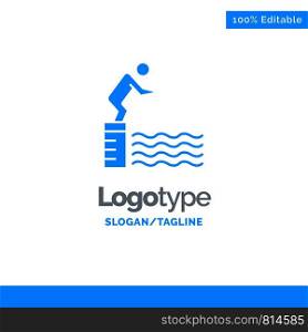 Diving, Jump, Platform, Pool, Sport Blue Solid Logo Template. Place for Tagline