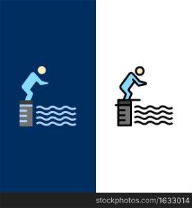 Diving, Jump, Platform, Pool, Sport  Icons. Flat and Line Filled Icon Set Vector Blue Background
