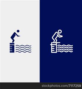 Diving, Jump, Platform, Pool, Sport Line and Glyph Solid icon Blue banner Line and Glyph Solid icon Blue banner