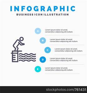 Diving, Jump, Platform, Pool, Sport Line icon with 5 steps presentation infographics Background