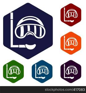 Diving mask icons set rhombus in different colors isolated on white background. Diving mask icons set