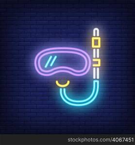 Diving mask neon sign. Equipment for snorkeling on dark brick wall background. Night bright advertisement. Vector illustration in neon style for sport shop or diving center
