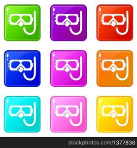 Diving mask snorkel icons set 9 color collection isolated on white for any design. Diving mask snorkel icons set 9 color collection