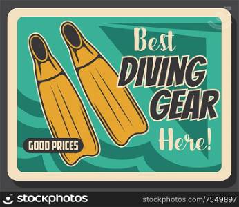 Diving professional equipment store vintage poster. Scuba dive training school and snorkeling underwater sport accessories, diver flipper swimfins and diving gear, summer adventure club. Scuba diving and sea snorkeling sport shop