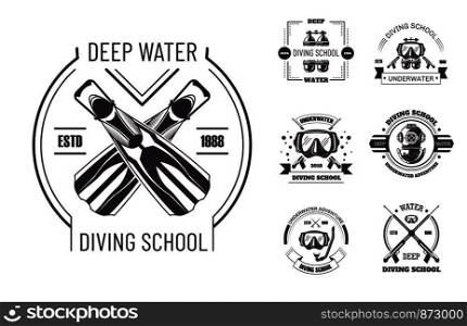 Diving school deep water promo monochrome emblems set. Club for sea bottom explorers with special masks or helmets and flippers isolated cartoon flat vector illustrations on white background.. Diving school deep water promo monochrome emblems set