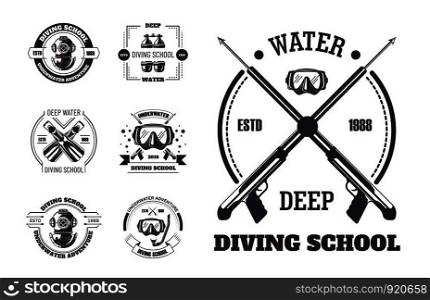Diving school deep water promo monochrome emblems set. Club for sea bottom explorers with special masks or helmets and flippers isolated cartoon flat vector illustrations on white background.. Diving school deep water promo monochrome emblems set.