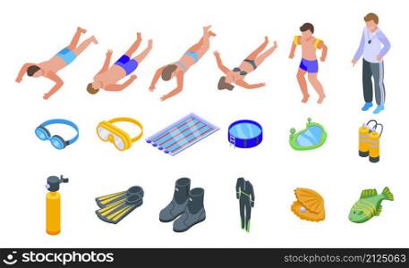 Diving school icons set isometric vector. Active beach. Boy child. Diving school icons set isometric vector. Active beach