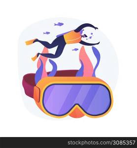Diving school instructor. Scuba diving, underwater recreation, snorkelling lesson. Male diver in wetsuit and mask swimming with aqualung. Vector isolated concept metaphor illustration. Diving school vector concept metaphor