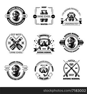 Diving school promo monochrome emblems with equipment to explore bottom. Special masks with tubes, big rubber flippers and underwater weapon on logotypes isolated cartoon vector illustrations set.. Diving school promo monochrome emblems with equipment set
