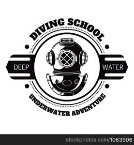 Diving school underwater adventure title and headline on banner. Old-fashioned mask of first divers deep on bottom of sea or ocean. Fun entertainment and exotic water sport vector illustration. Diving school underwater adventure title and headline on banner