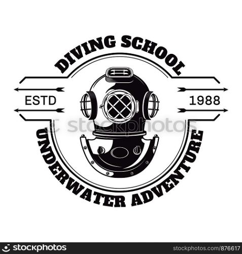 Diving school underwater adventure title and headline on banner. Old-fashioned mask of first divers deep on bottom of sea or ocean. Fun entertainment and exotic water sport vector illustration. Diving school underwater adventure title banner vector illustration