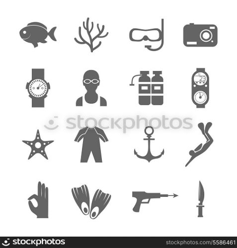 Diving scuba black silhouette icons set of underwater sport symbols isolated vector illustration.