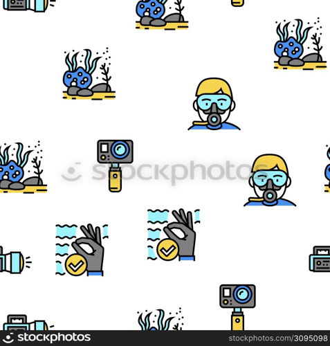 Diving Scuba Equipment Vector Seamless Pattern Thin Line Illustration. Diving Scuba Equipment Vector Seamless Pattern