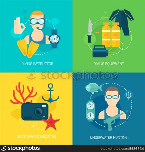 Diving scuba icons composition of instructor equipment underwater shooting and hunting isolated vector illustration
