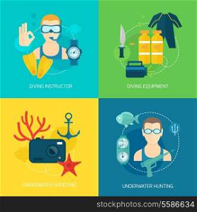 Diving scuba icons composition of instructor equipment underwater shooting and hunting isolated vector illustration