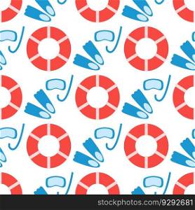 Diving seamless pattern. Background with mask and snorkel for diving and lifebuoy. Print beach holiday. Underwater sport, vector illustration. Diving seamless pattern