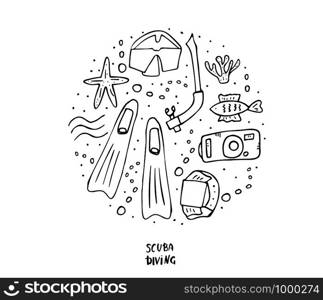 Diving set of elements and equipment black and white design. Underwater activity symbols and accessories. Round badge with scuba mask, aqualung, fins and other items and gears. Vector illustration.