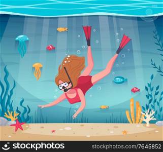Diving snorkeling cartoon composition with female character dive under water with sea stars and colourful fishes vector illustration