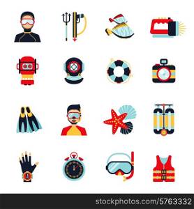 Diving sport icons set with helmet camera lifebelt watch isolated vector illustration. Diving Icons Set
