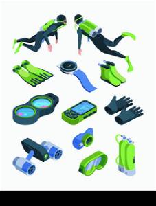 Diving tools. Swimming equipment dive scuba flippers snorkel air cylinders garish vector isometric collection. Diver tools to dibe undersea with mask illustration. Diving tools. Swimming equipment dive scuba flippers snorkel air cylinders garish vector isometric collection