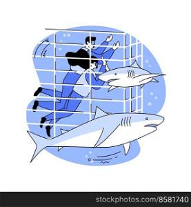 Diving with sharks isolated cartoon vector illustrations. Friends in a cage diving with sharks, underwater extreme adventure, tourism business, people traveling and snorkeling vector cartoon.. Diving with sharks isolated cartoon vector illustrations.