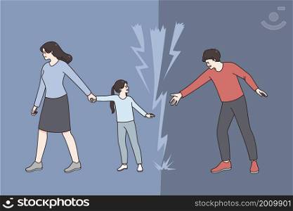 Divorce and difficult choice concept. Woman mother holding her daughter hand and going away with her while her father reaching for her from another side vector illustration . Divorce and difficult choice concept