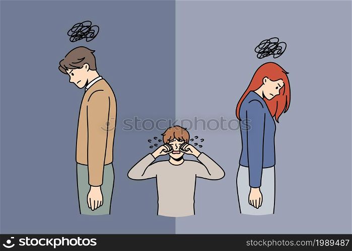 Divorce and family breaking concept. Small depressed boy kid standing and crying while his parents have problems breaking up divorce vector illustration . Divorce and family breaking concept.