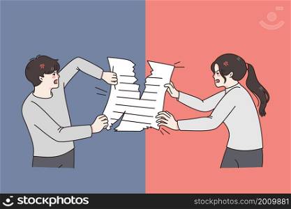 Divorce and sharing property concept. Young angry furious couple man and woman fighting sharing official paper property pulling to both sides vector illustration . Divorce and sharing property concept.