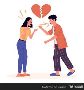 Divorce. Cartoon couple dissolution. Angry quarrel between man and woman. Young people shouting. Family conflict or dispute scene, problem in relations. Isolated broken heart sign. Vector illustration. Divorce. Cartoon couple dissolution. Quarrel between man and woman. Young people shouting. Family conflict scene, problem in relations. Isolated broken heart sign. Vector illustration