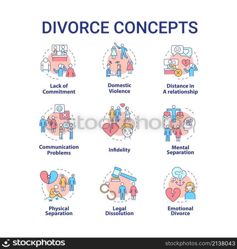 Divorce concept icons set. Reasons of marriage breakdown. Partners separation idea thin line color illustrations. Isolated outline drawings. Roboto-Medium, Myriad Pro-Bold fonts used. Divorce concept icons set