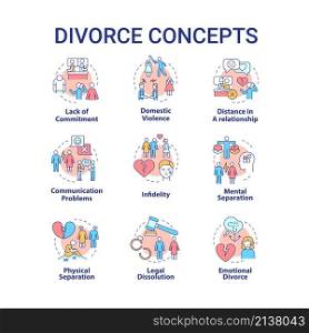 Divorce concept icons set. Reasons of marriage breakdown. Partners separation idea thin line color illustrations. Isolated outline drawings. Roboto-Medium, Myriad Pro-Bold fonts used. Divorce concept icons set