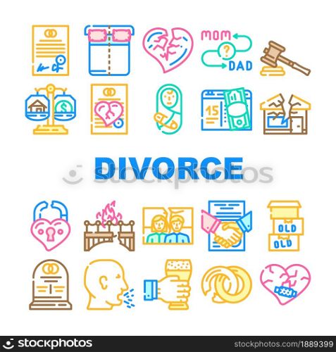 Divorce Couple Canceling Marriage Icons Set Vector. Family Problem Divorce And Payment Alimony, Broken Love Padlock And Crashed House, Property Division And Judge Trial Line. Color Illustrations. Divorce Couple Canceling Marriage Icons Set Vector