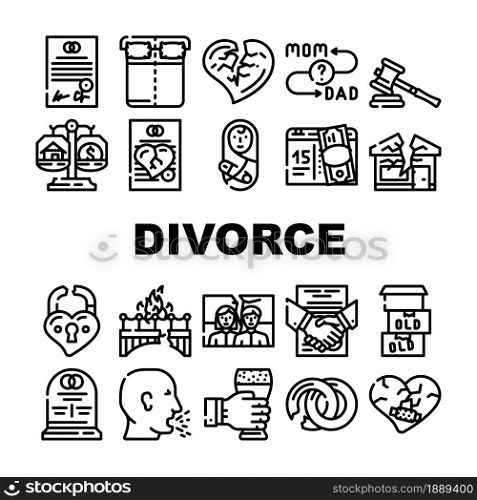 Divorce Couple Canceling Marriage Icons Set Vector. Family Problem Divorce And Payment Alimony, Broken Love Padlock And Crashed House, Property Division And Judge Trial Contour Illustrations. Divorce Couple Canceling Marriage Icons Set Vector