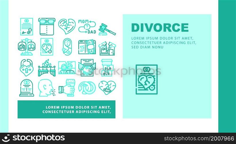 Divorce Couple Canceling Marriage Landing Web Page Header Banner Template Vector Family Problem Divorce And Payment Alimony, Broken Love Padlock And Crashed House, Property Division Illustration. Divorce Couple Canceling Marriage Landing Header Vector
