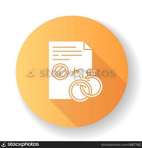 Divorce orange flat design long shadow glyph icon. Formal ending of marriage. Legal separation. Marriage disolution. Breakup. Notary services. Apostille. Silhouette RGB color illustration