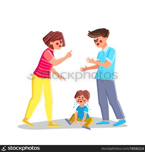 Divorce Parent And Family Conflict Problem Vector. Father With Mother Screaming And Son Crying, Divorce Parent And Destroy Relation. Characters Adult Arguing And Kid Despair Flat Cartoon Illustration. Divorce Parent And Family Conflict Problem Vector