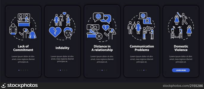 Divorce reasons night mode onboarding mobile app screen. Couple process walkthrough 5 steps graphic instructions pages with linear concepts. UI, UX, GUI template. Myriad Pro-Bold, Regular fonts used. Divorce reasons night mode onboarding mobile app screen