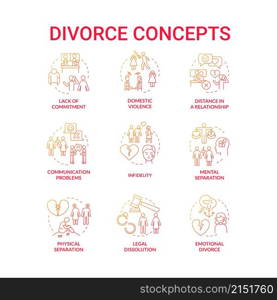 Divorce red gradient concept icons set. Reasons of couple breakup. Partners separation idea thin line color illustrations. Isolated outline drawings. Roboto-Medium, Myriad Pro-Bold fonts used. Divorce red gradient concept icons set