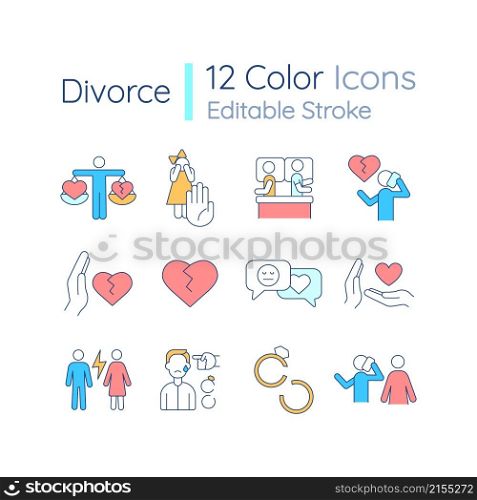 Divorce RGB color icons set. Reasons of relationship breakdown. Marriage problems. Isolated vector illustrations. Simple filled line drawings collection. Editable stroke. Quicksand-Light font used. Divorce RGB color icons set