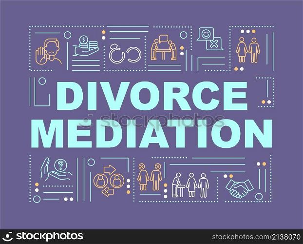 Divorce settlement word concepts purple banner. Separation legal support. Infographics with linear icons on background. Isolated typography. Vector color illustration with text. Arial-Black font used. Divorce settlement word concepts purple banner