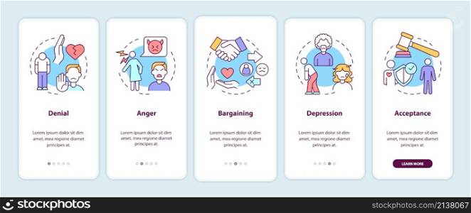 Divorce stages onboarding mobile app screen. Mental states walkthrough 5 steps graphic instructions pages with linear concepts. UI, UX, GUI template. Myriad Pro-Bold, Regular fonts used. Divorce stages onboarding mobile app screen