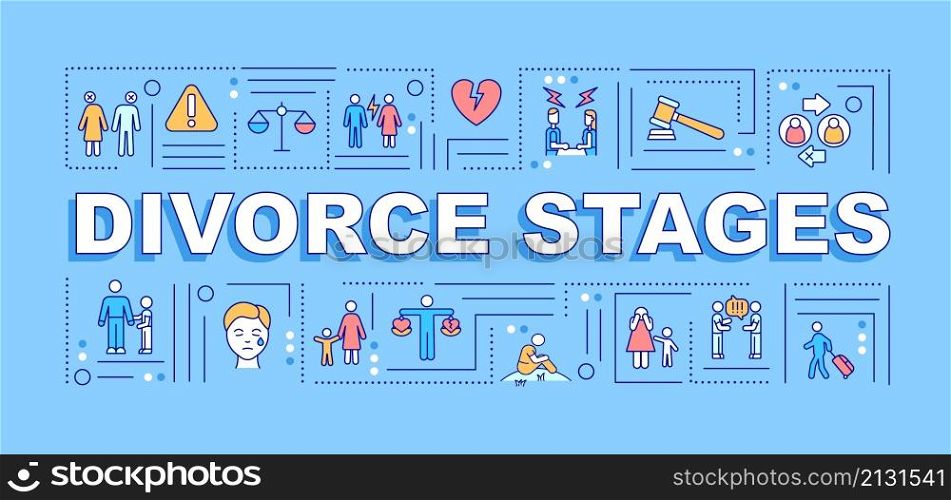 Divorce stages word concepts blue banner. Separation acception steps. Infographics with linear icons on background. Isolated typography. Vector color illustration with text. Arial-Black font used. Divorce stages word concepts blue banner