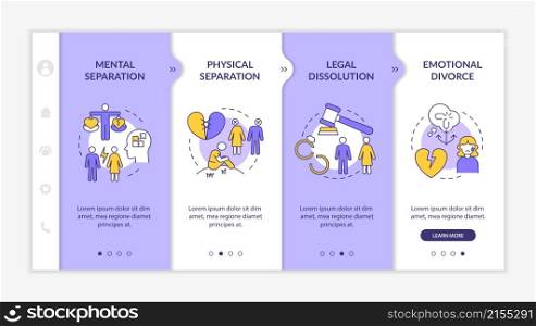 Divorce surviving purple and white onboarding template. Couple breakup. Responsive mobile website with linear concept icons. Web page walkthrough 4 step screens. Lato-Bold, Regular fonts used. Divorce surviving purple and white onboarding template