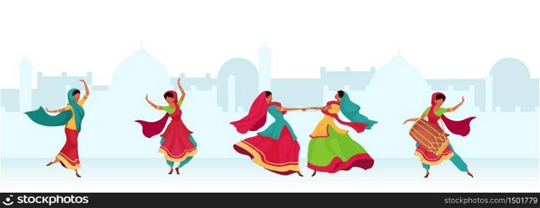 Diwali celebration flat color vector illustration. Nepal woman dance together. Teej festival ritual. Indian woman in traditional saree 2D cartoon characters with landscape on background. Diwali celebration flat color vector illustration