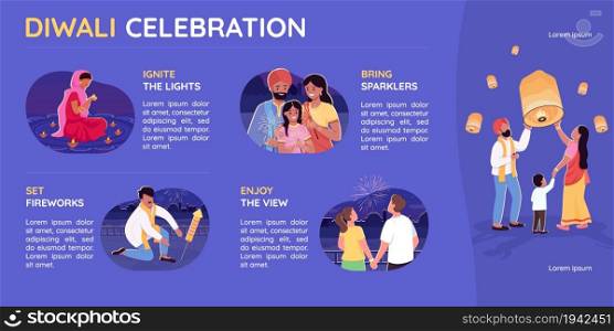 Diwali celebration flat color vector infographic template. Deepavali holiday. Poster with text, PPT page concept design with cartoon characters. Creative data visualization. Info banner idea. Diwali celebration flat color vector infographic template